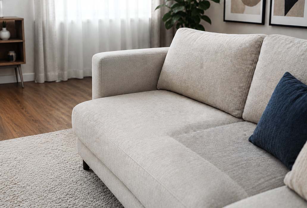 Sofá bege limpo, em detalhe, numa sala de estar